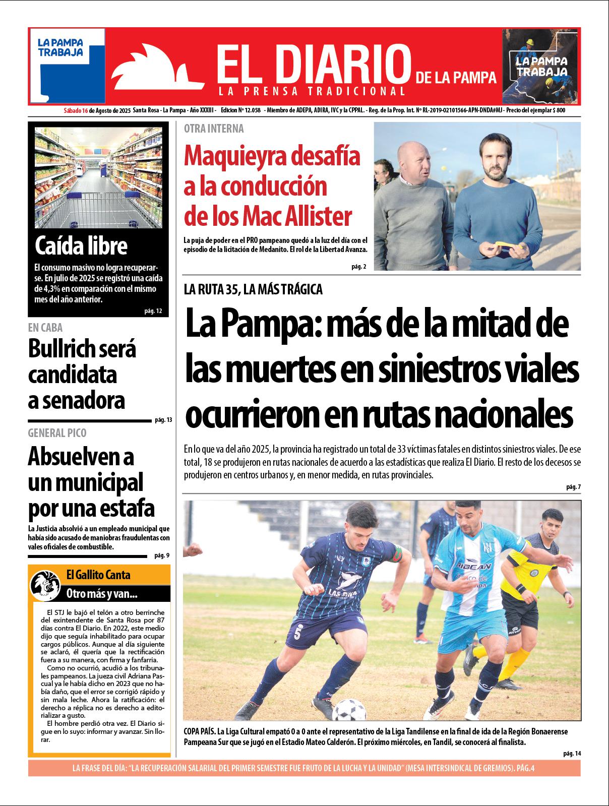 Tapa de El Diario en papel  saacutebado 16 de agosto de 2025